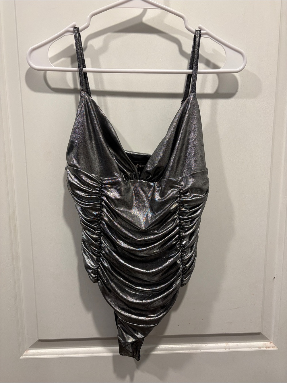 Almost Famous Metallic Silver Ruched Bodysuit